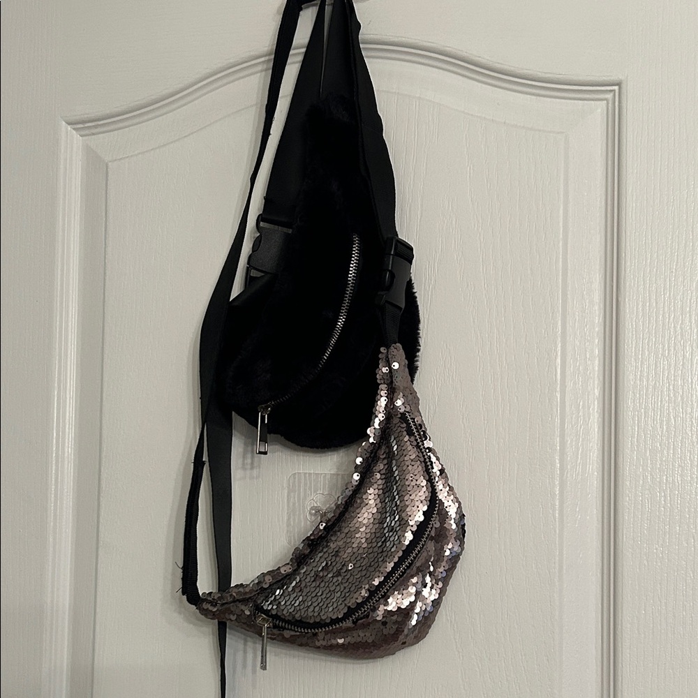 2/$25 Platinum Sequin and Black Faux Fur Bum Bag